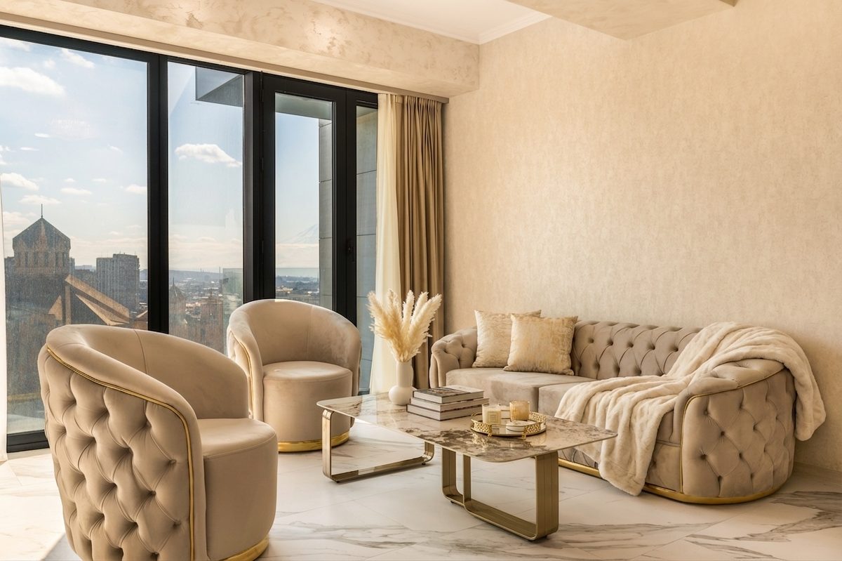 Apartment living room with city view: after Elevance AI